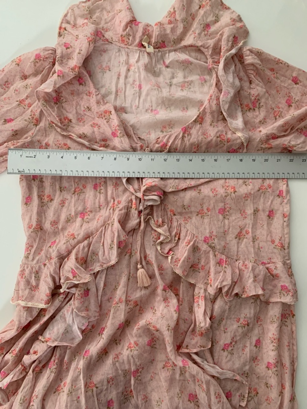 SPELL Fleur Ruffle Gown Pink Champagne Floral Ruffle Maxi Dress - Size Medium - Picture 11 of 13